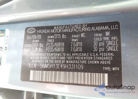 2009 Hyundai Santa Fe Limited from USA, damaged, VIN 5NMSH13E49H331109